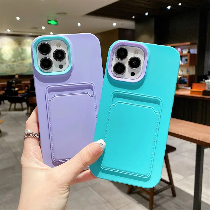 3 in 1 Card Holder Wallet Solid Color Skin Feel Phone Case For iPhone