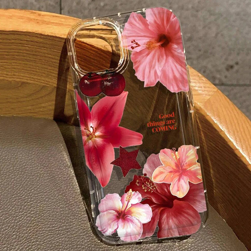 Cherry Flower Print Clear Case For iPhone 17 Air 16 15 14 13 Pro Max 11 12 Mini X XR XS 7 8 Plus SE2 Stylish Shockproof Cover
