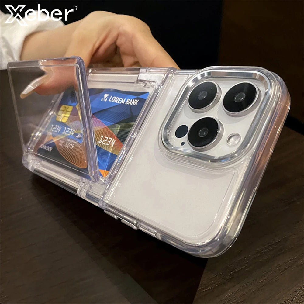 Transparent Card Slot Bag Holder Phone Case For iPhone 15 14 13 11 12 16 17 Pro Max Shockproof Protection Hard Acrylic Cover