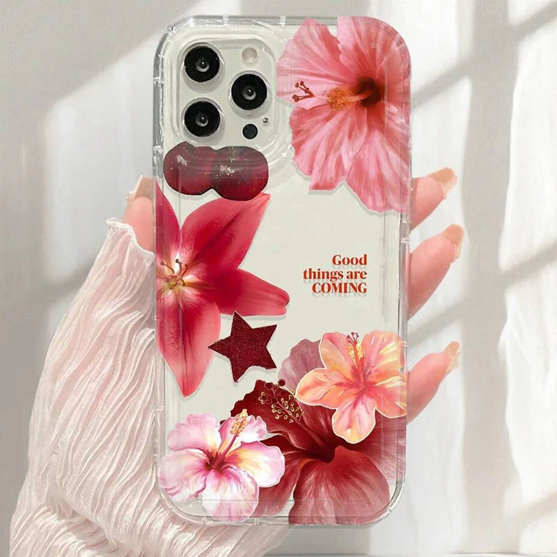 Cherry Flower Print Clear Case For iPhone 17 Air 16 15 14 13 Pro Max 11 12 Mini X XR XS 7 8 Plus SE2 Stylish Shockproof Cover