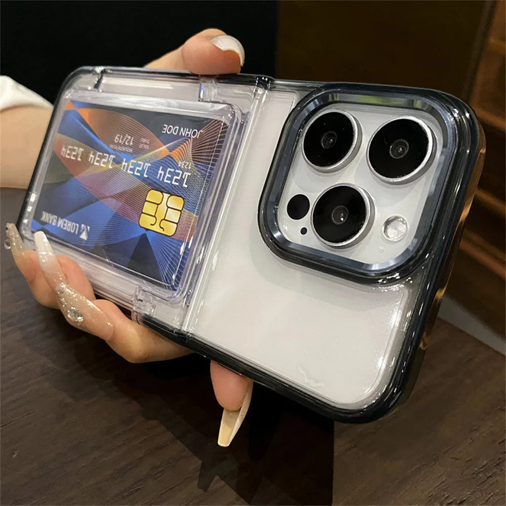 Transparent Card Slot Bag Holder Phone Case For iPhone 15 14 13 11 12 16 17 Pro Max Shockproof Protection Hard Acrylic Cover