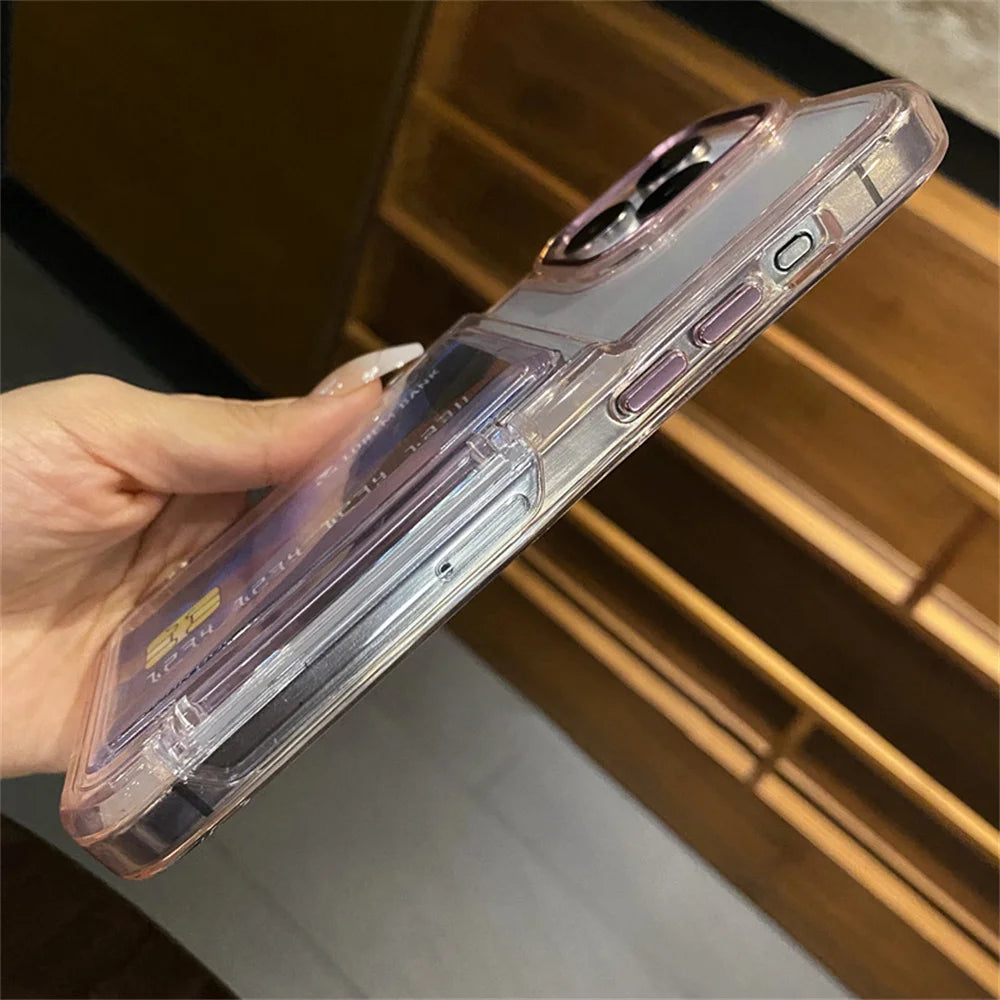 Transparent Card Slot Bag Holder Phone Case For iPhone 15 14 13 11 12 16 17 Pro Max Shockproof Protection Hard Acrylic Cover