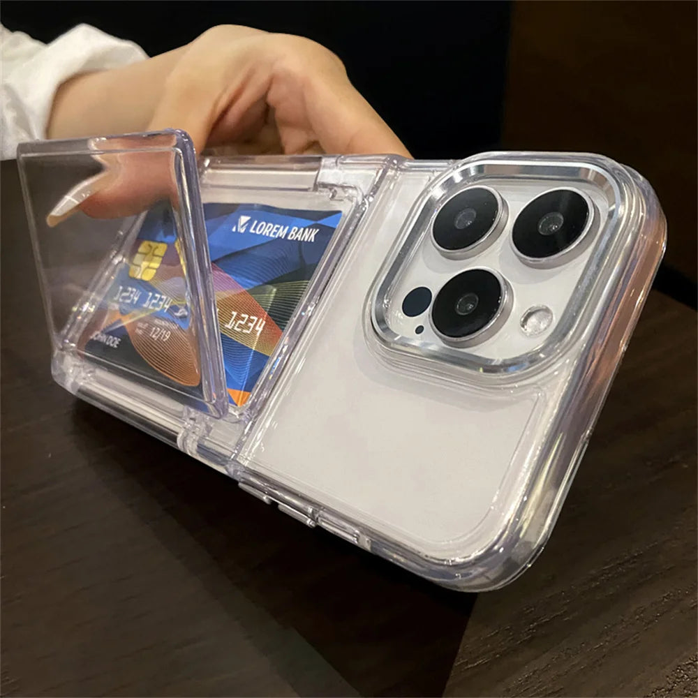 Transparent Card Slot Bag Holder Phone Case For iPhone 15 14 13 11 12 16 17 Pro Max Shockproof Protection Hard Acrylic Cover