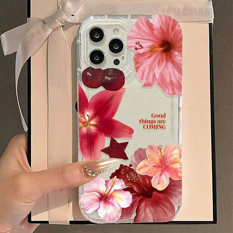 Cherry Flower Print Clear Case For iPhone 17 Air 16 15 14 13 Pro Max 11 12 Mini X XR XS 7 8 Plus SE2 Stylish Shockproof Cover