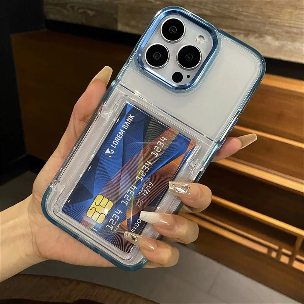 Transparent Card Slot Bag Holder Phone Case For iPhone 15 14 13 11 12 16 17 Pro Max Shockproof Protection Hard Acrylic Cover